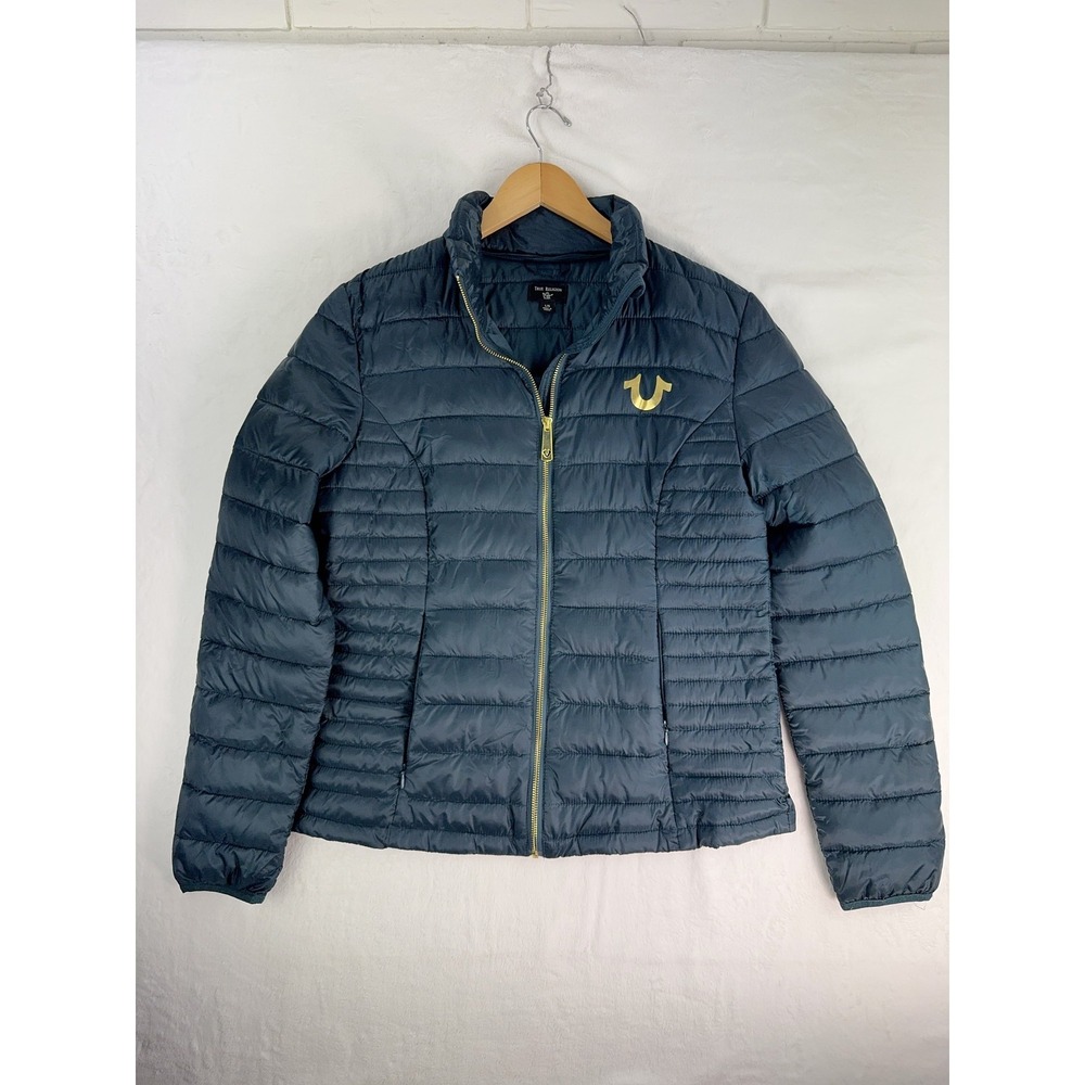 True Religion Jacket Womens Large Blue Quilted Full Zip Puffer Lightweight Coat